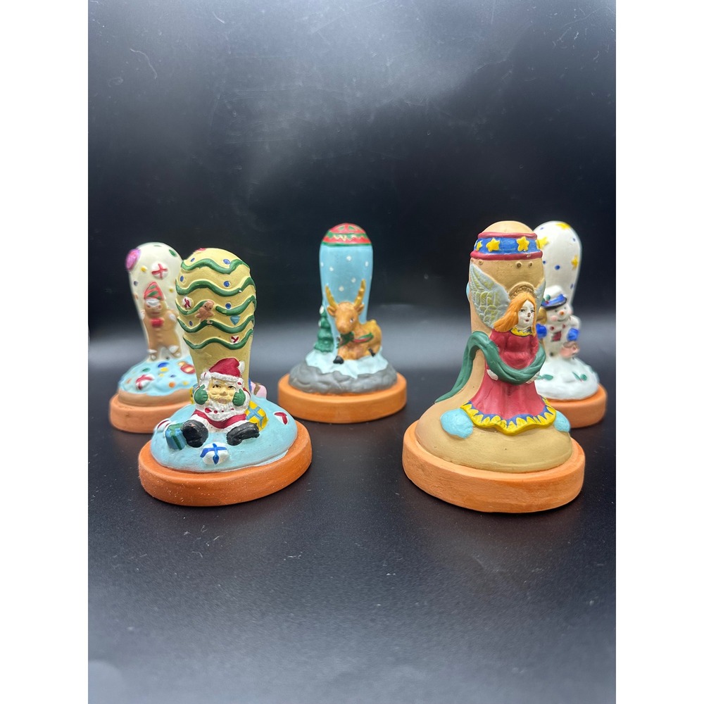 Vintage Terracotta Christmas Cookie Stamps Set of 5 Santa Angel Snowman Reindeer